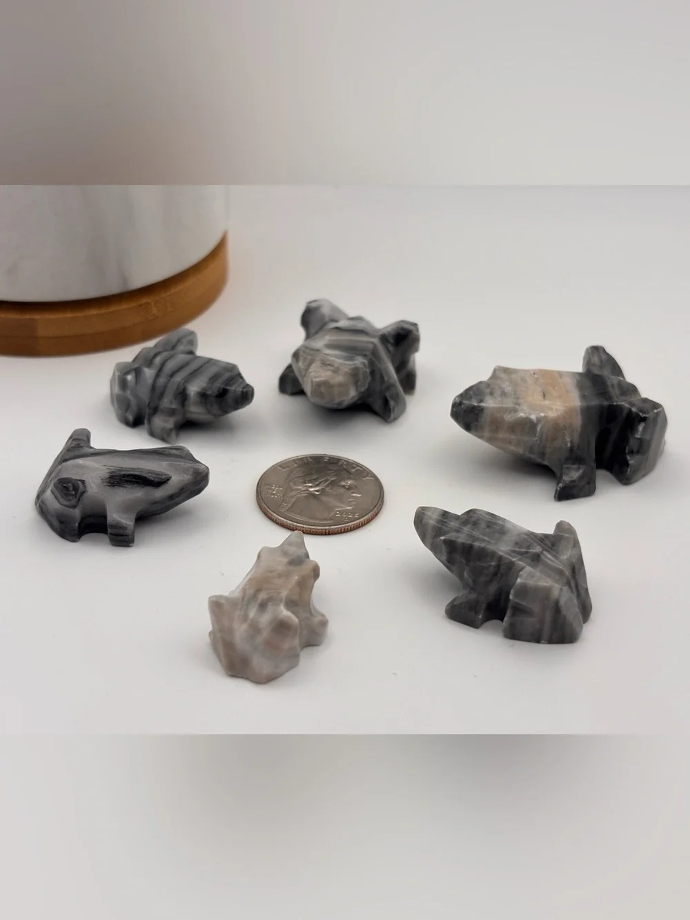 Set of 6 Hand-Carved Stone Frog Miniature Figurines, Set of Marble Trinkets